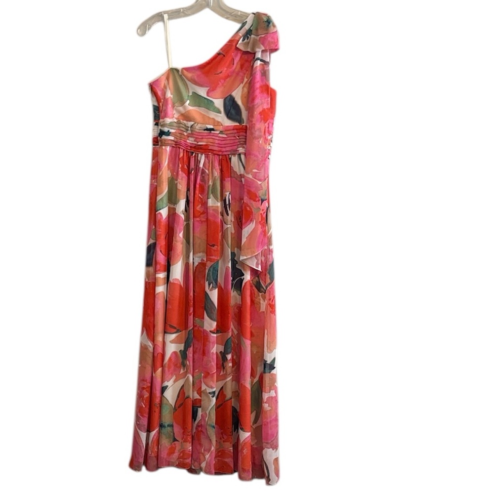 Eliza J Vibrant Multicolor Floral Print Lined Sz 10 One Shoulder Bow Detail - Picture 7 of 13